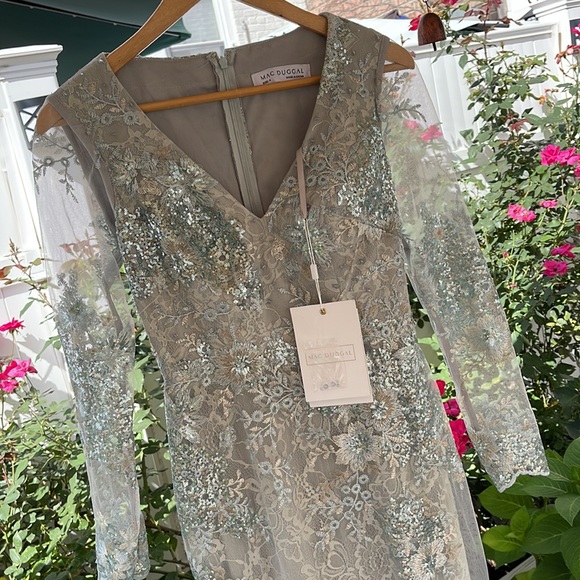 Mac Duggal - Sea Mist - Embellished V-Neck Illusion Long Sleeve Gown - Picture 4 of 17